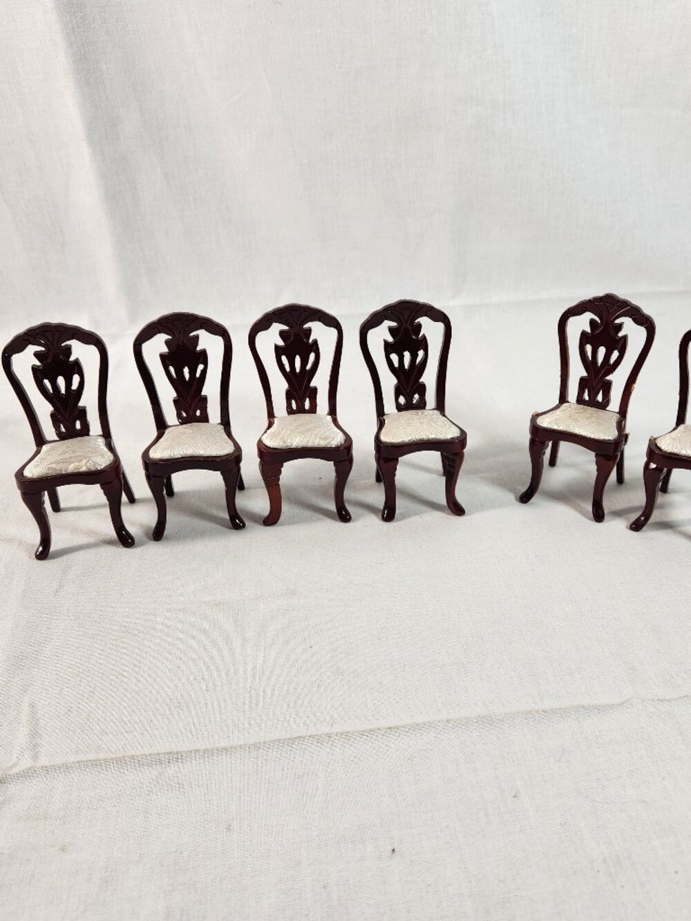 Dollhouse Miniature Dining Room Chairs Mahogany Finish Upholstered Seat 6Pc Set